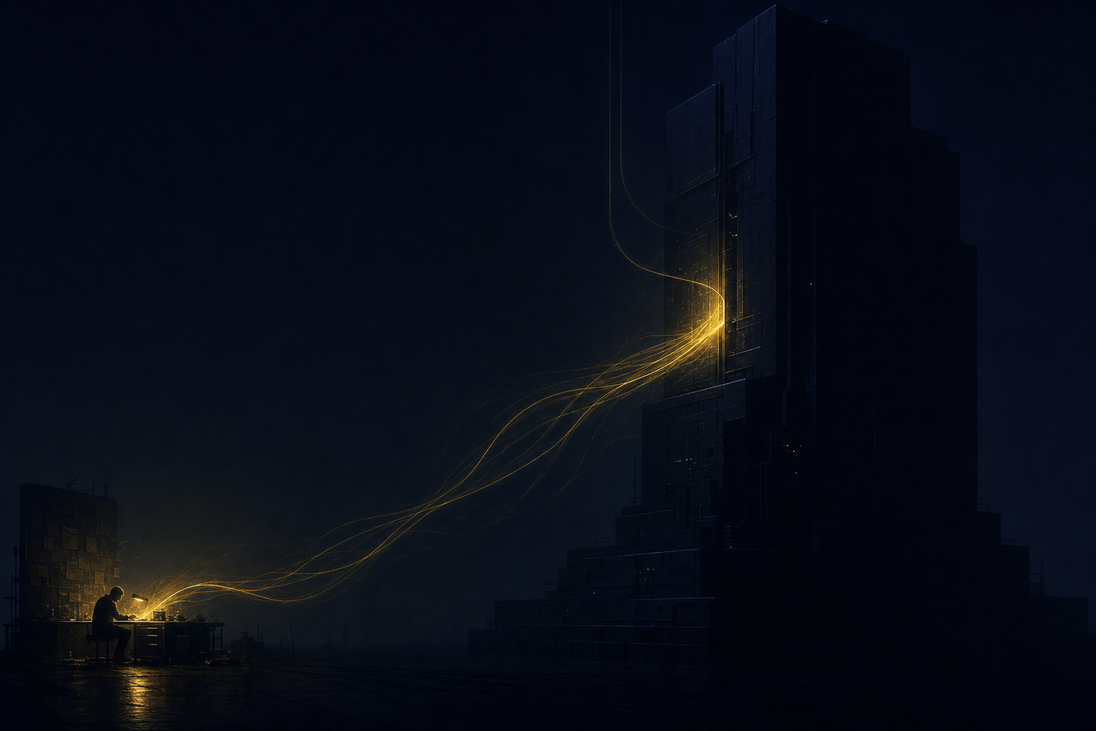 A dim creator at a workbench while the warm light of their world is siphoned away in thin filaments into a vast cold institutional monolith.