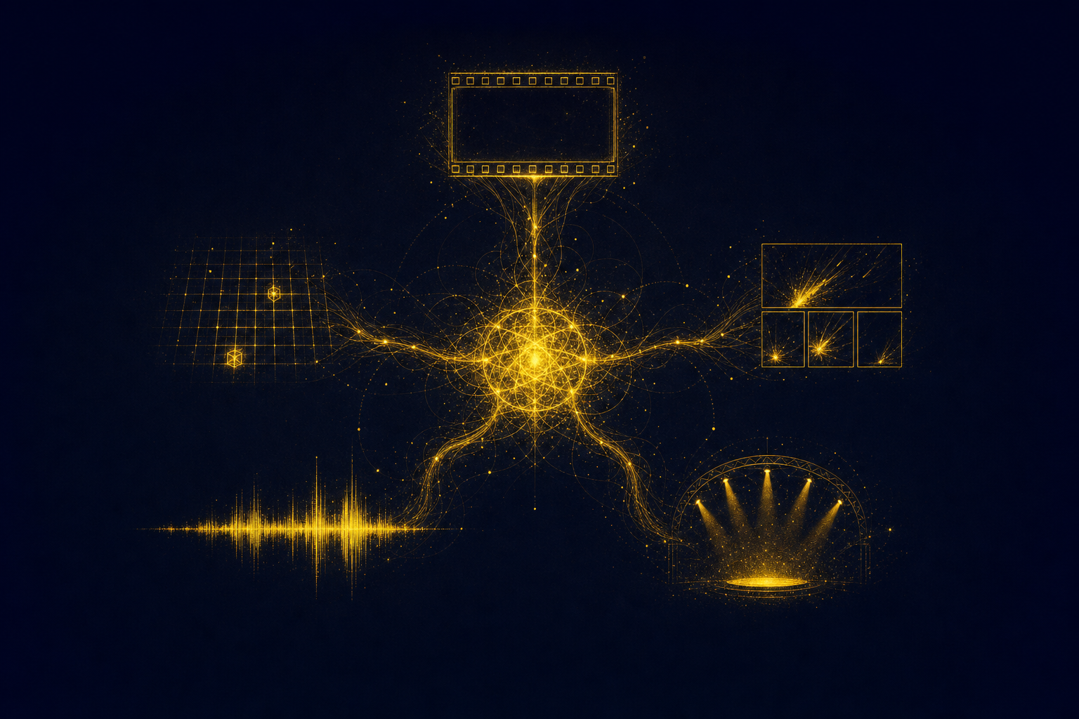 A single glowing storyworld at center radiating into many formats — a film frame, a game grid, comic panels, an audio waveform, a live stage — all branching from one coherent core.