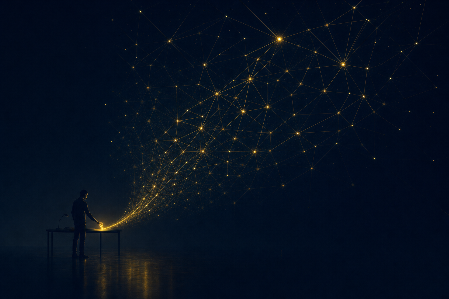 A small lone figure at a modest desk rests a hand on a single glowing node, from which an immense constellation of light unfolds across the dark.