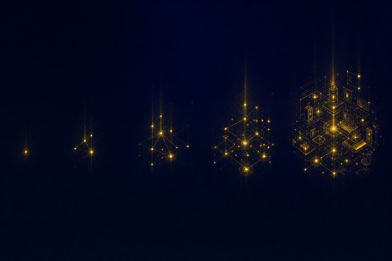 A single faint node of light on the left grows stage by stage into a full networked, creator-owned studio of interconnected glowing nodes on the right.