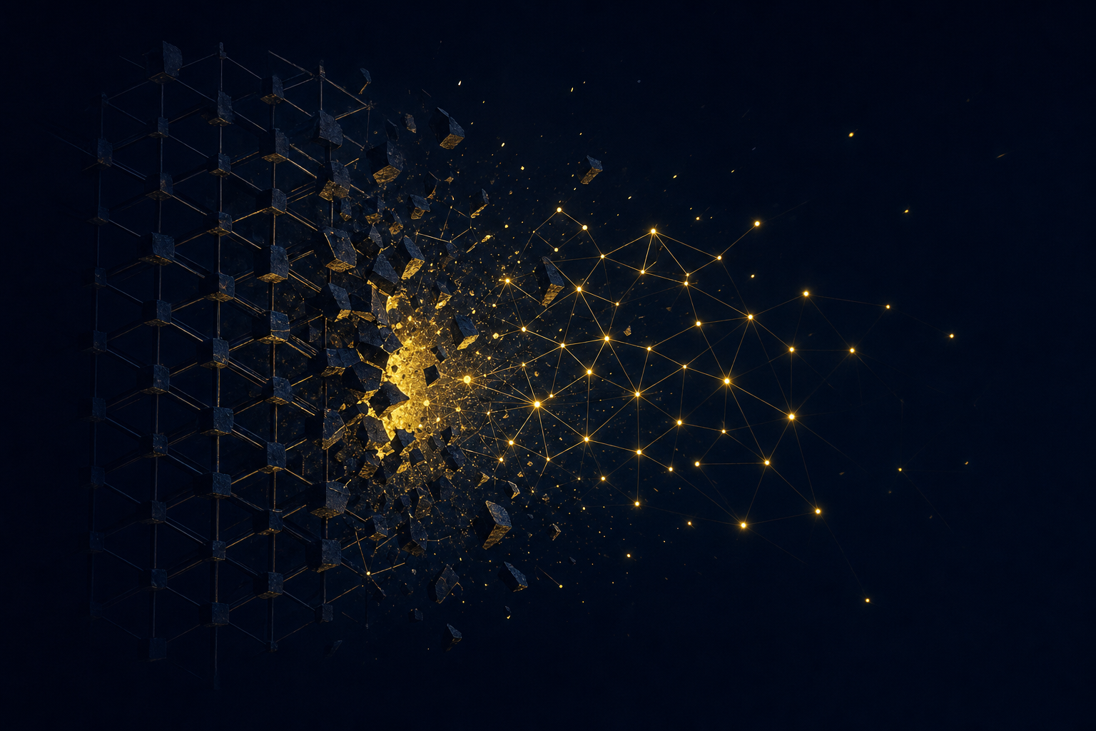 A rigid cold geometric lattice fractures at the center; from the break, warm light is reclaimed and re-forms into a living, self-organized constellation.